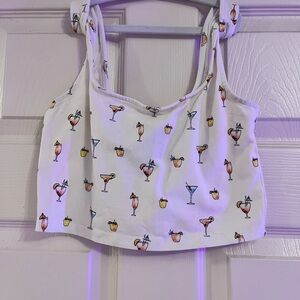 White Crop Top with Cocktail Print